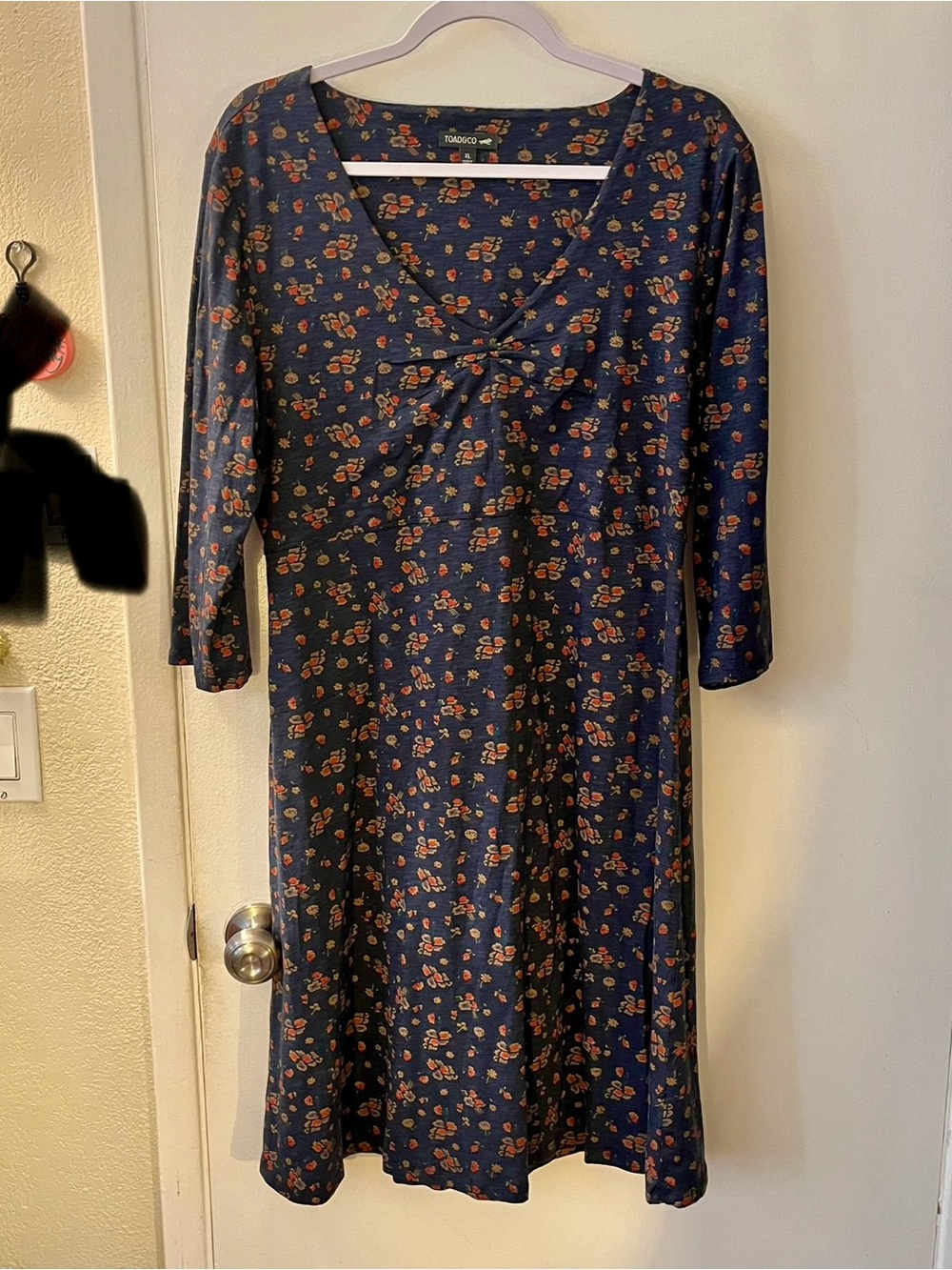 Toad & Co Rosalinda Dress Floral Navy Blue V Neck Tencel 3/4 Sleeve A Line XL
